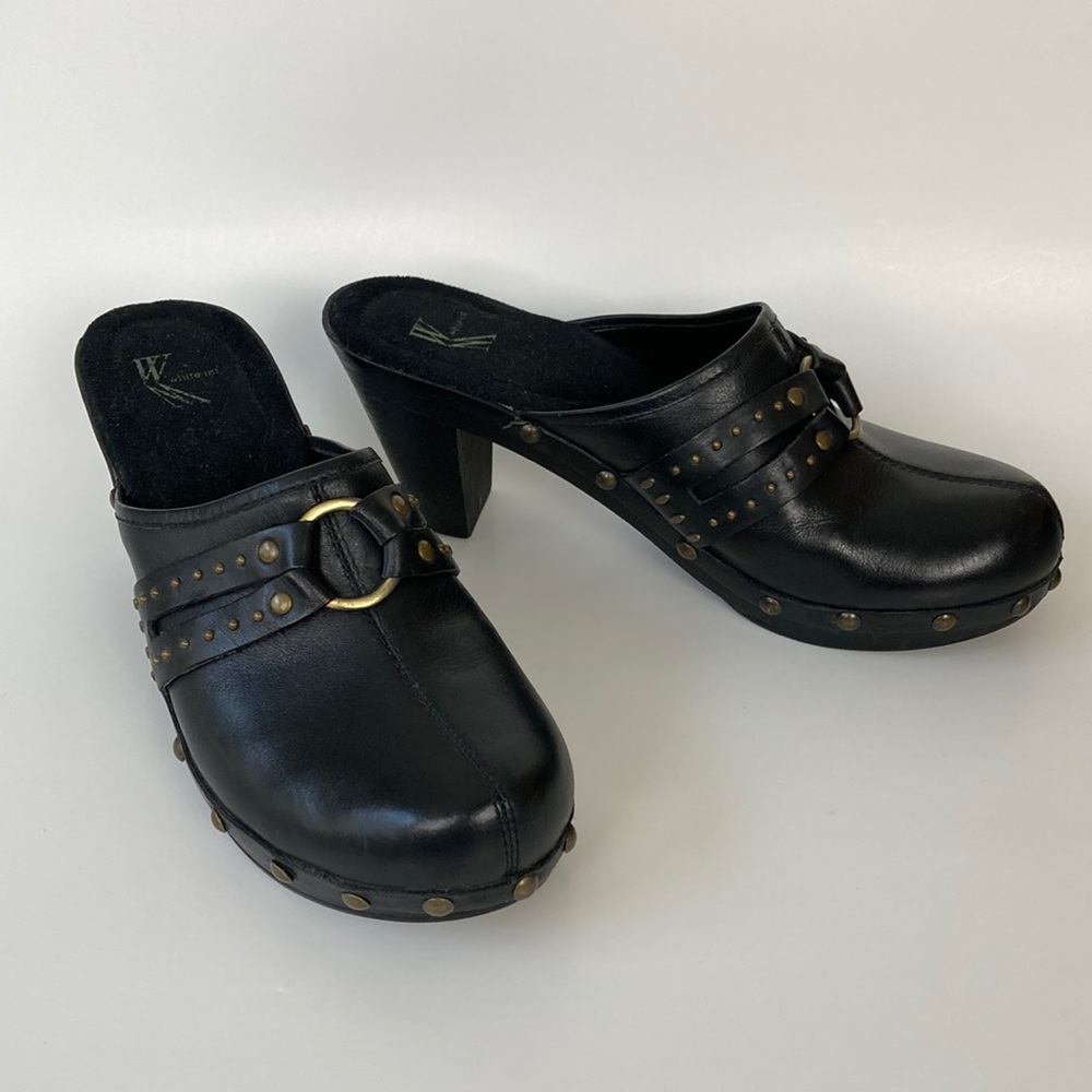 White Mountain Black Studded Leather Priscilla Mid Heel Clog